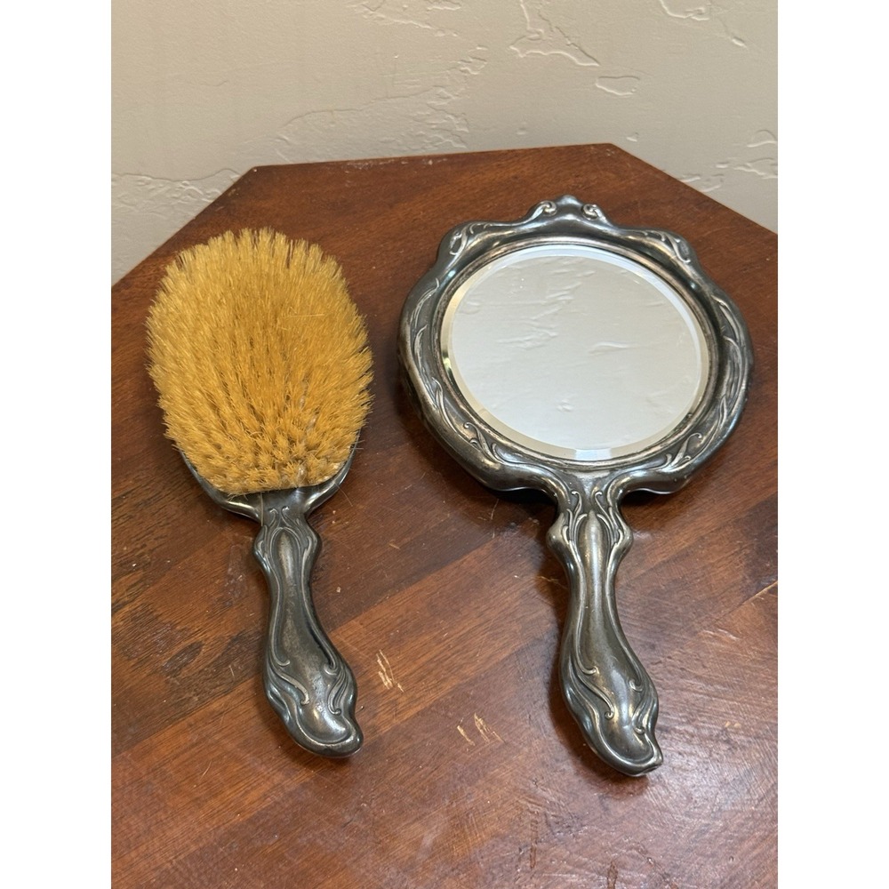 Vtg Art Nouveau Silver Plated Hand Mirror Hairbrush Set Lady Flowing Hair Floral